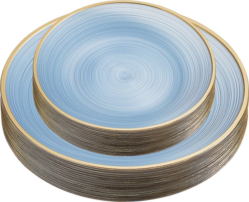PLASTICPRO 32 Pieces Crystal Design Plastic Plates Combo Pack 7 inch and 10 inch Gold Rim Elegant Disposable Plates, Transparent Blue