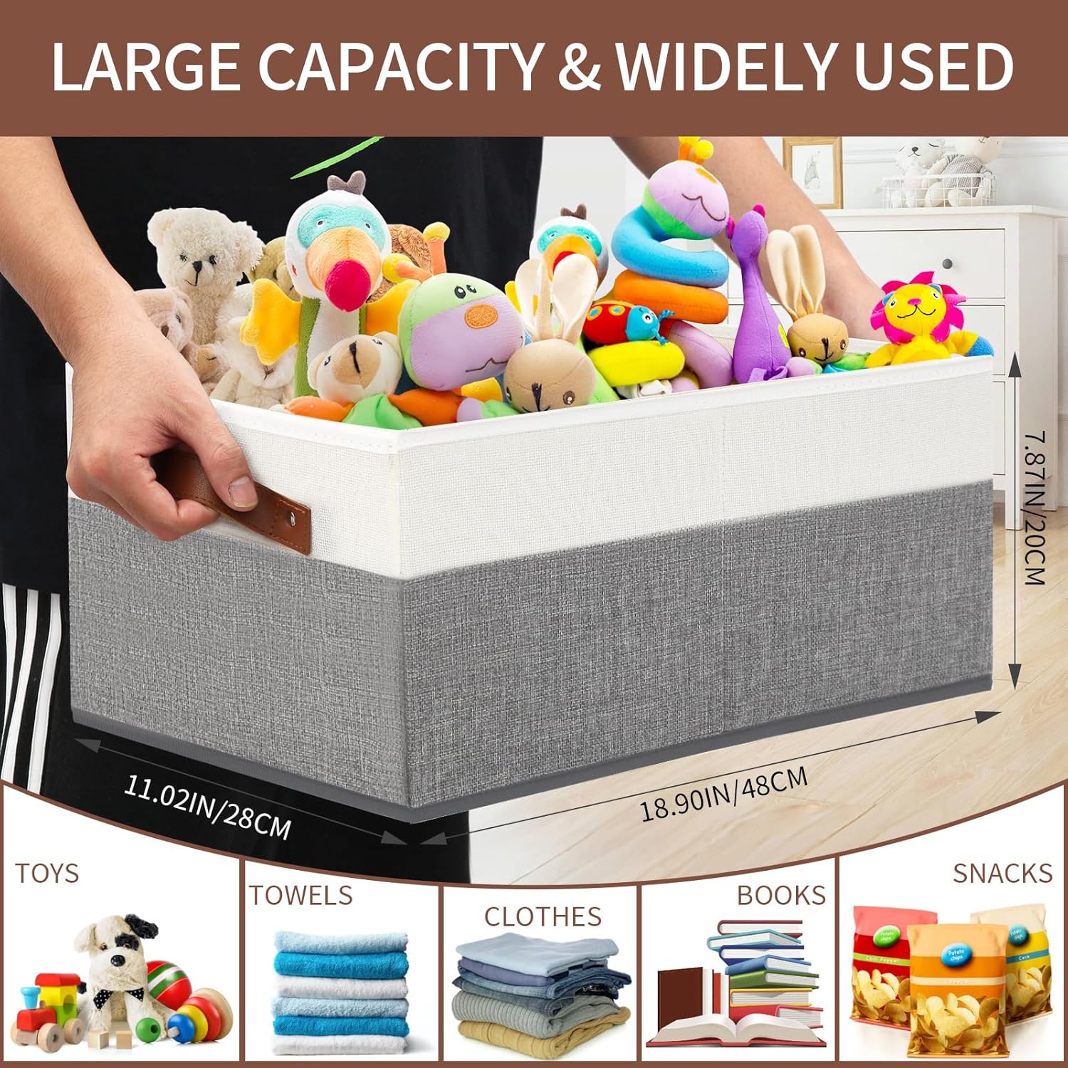 Skiennix Large Capacity Storage Bins - Fabric Closet Organizers with Leather Handles | 3 Pack (Grey)