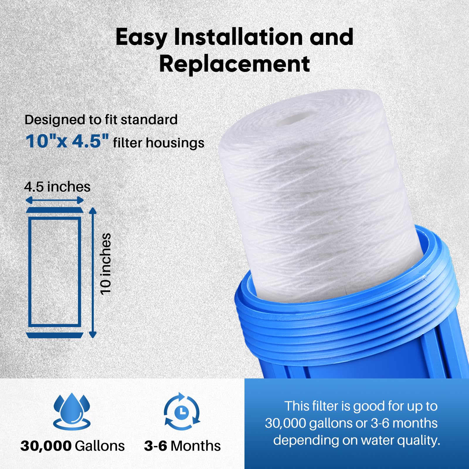 PUREPLUS 5 Micron 10 x 4.5 Whole House String Wound Sediment Filter for Well Water, Replacement Cartridge for 84637, WPX5BB97P, PC10, 355214-45, 355215-45, WP10BB97P, WP5BB97P, 2Pack