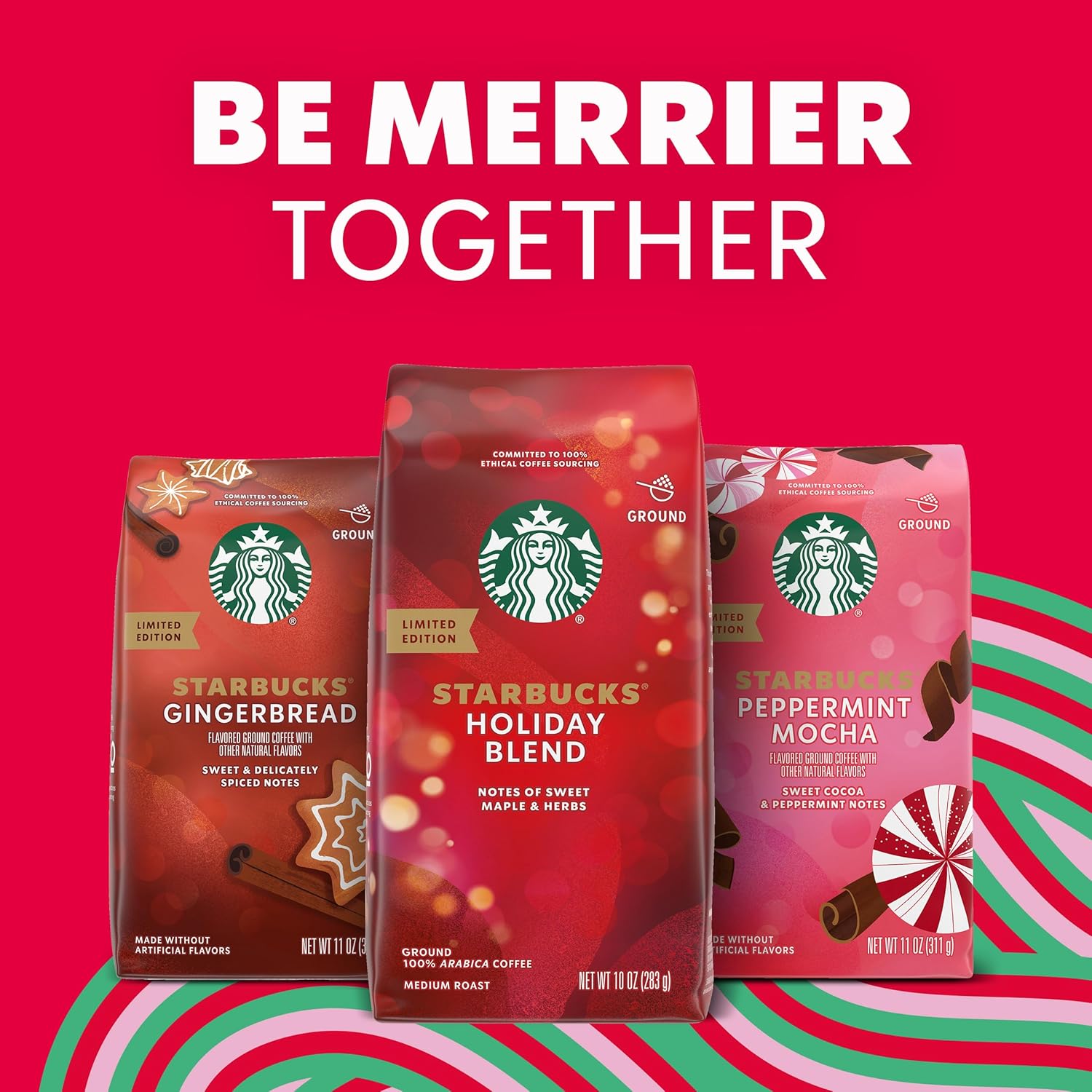 Starbucks Ground Coffee - Peppermint Mocha Flavor | 100% Arabica, Limited Holiday Edition, 6 Bags (11 Oz Each)