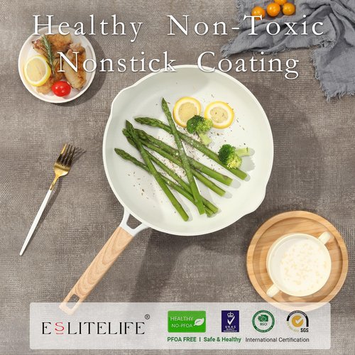 ESLITE LIFE Nonstick Ceramic Frying Pan Skillet with Lid, Non-Toxic Egg Omelette Kitchen Cooking Pans Compatible with All Stovetops (Gas, Electric & Induction), PTFE & PFOA Free (White, 8" w/Lid)