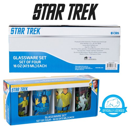 Silver Buffalo Star Trek Quotes Featuring Kirk, Spock, McCoy, and Uhura 4 Pack Pint Glass Set, 16 Ounces