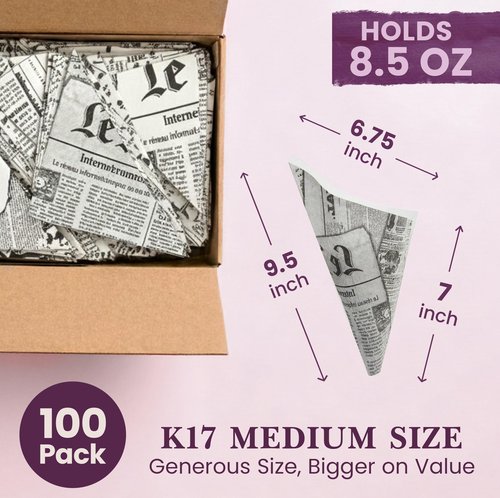 Friteshop – Premium French Newspaper Paper Cones K-17 Medium, 8.5 oz - European Made Disposable Food Service Holders for French Fries - Professional Snack Cone - Takeaway Food Packaging - 100 Count