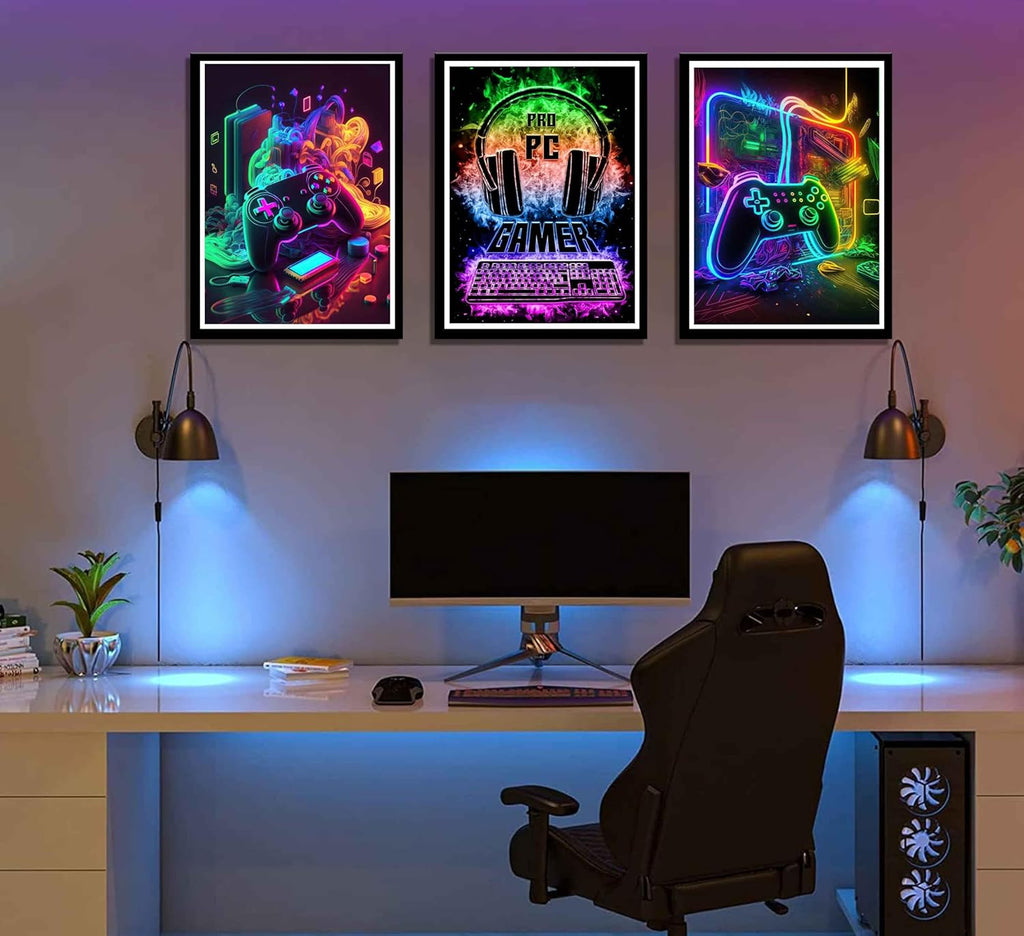 Skiennix Retro Video Gamer Wall Art - Colorful Neon Canvas Prints | 3-Piece Set for Boys' Room (16x24in)