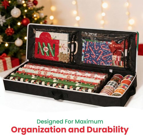 Handy Laundry Gift Wrap Storage Organizer - Easily Organizes Wrapping Paper, Ribbons & Bows | Fits 18-24 Rolls, Black