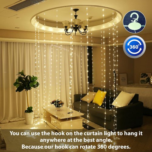HXWEIYE 300LED Fairy Curtain Lights - 9.8x9.8Ft USB Plug-In with Remote | 8 Modes Warm White Indoor Decor