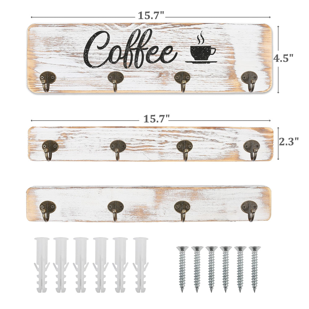 LotFancy Coffee Mug Holder, Rustic Wall Mounted Mug Rack with 12 Cup Hangers, Farmhouse Wood Cup Organizer for Home, Office, Kitchen Display Storage Collection, White Coffee Nook Décor
