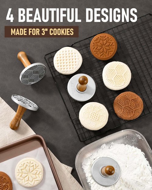 HULISEN Cookie Stamps Set - Metal Cookie Press Molds with Wooden Handle for Easy DIY Baking | Gift-Ready