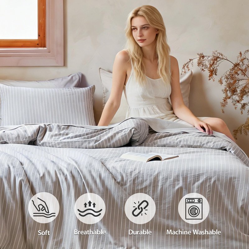 QKTE Striped 100% Washed Cotton Duvet Cover Set King Size 3Pcs(1 Comforter Cover&2 Pillowcases), Natural Cotton Bedding Set Soft Breathable Farmhouse Zipper Closure All Seasons(Khaki-White,King)