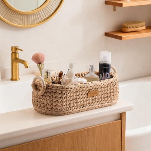 Handwoven Basket by [Brand Name] - Stylish Toilet Paper Storage with Wooden Base & Handles | Boho Modern Decor (Brown)