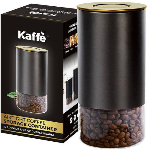 Kaffe Glass Coffee Canister (12oz) w/Airtight Lid - Click to Release Seal - BPA Free Glass & Stainless Steel - Elegant Kitchen Storage Container for Coffee, Nuts, Rice, Flour, Sugar, Tea, Cereal