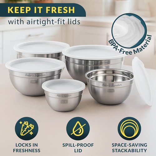 Baker's Signature Stainless Steel Mixing Bowls Set - 5 Nesting Bowls with Lids | Dishwasher Safe, 0.5-5 Qt