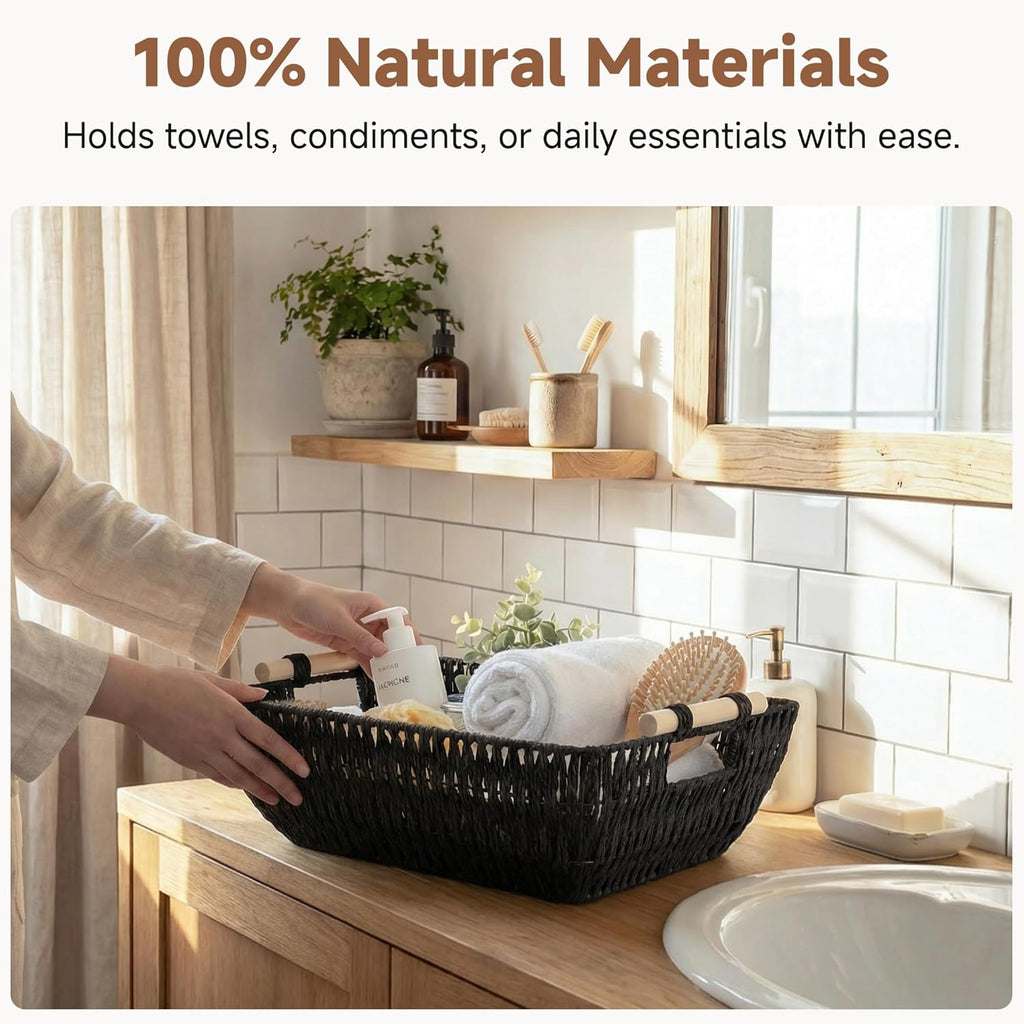 StorageWorks Large Wicker Storage Baskets - Organize with Style | Black, 2-Pack with Wooden Handles