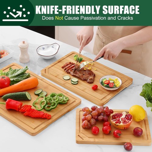 Homaxy Organic Bamboo Cutting Boards Set - 3-Piece Kitchen Board Set with Juice Groove & Handles | Ideal for Meat, Fruits & Vegetables