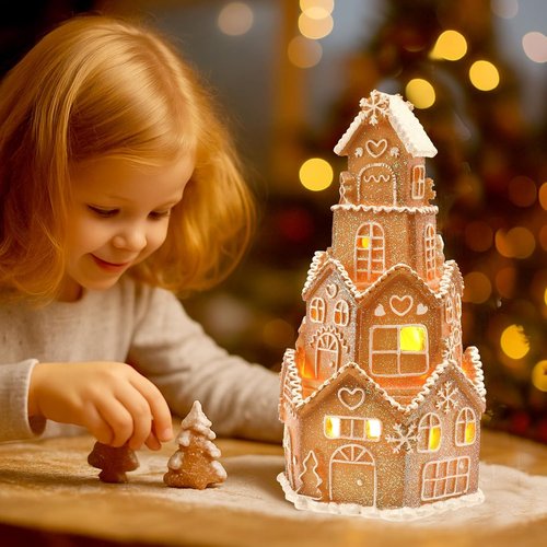 Beeveer LED Christmas Gingerbread House Decoration - Charming Resin Village Set | 5 x 5 x 8.25 Inch
