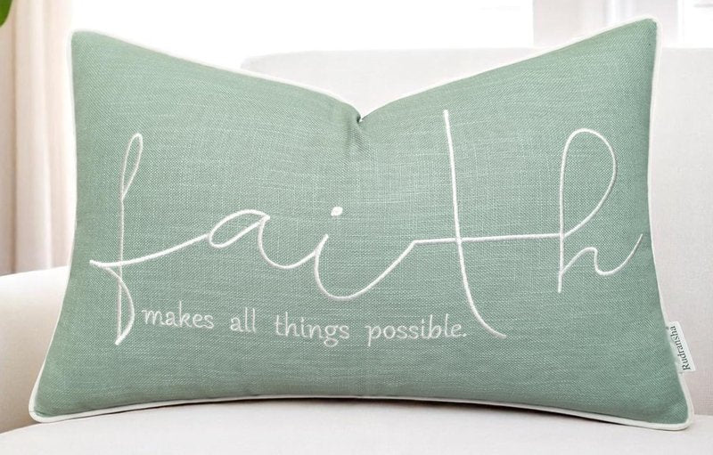 Rudransha Faith Embroidered Lumbar Pillow Cover - 12x20 Light Teal Cotton
