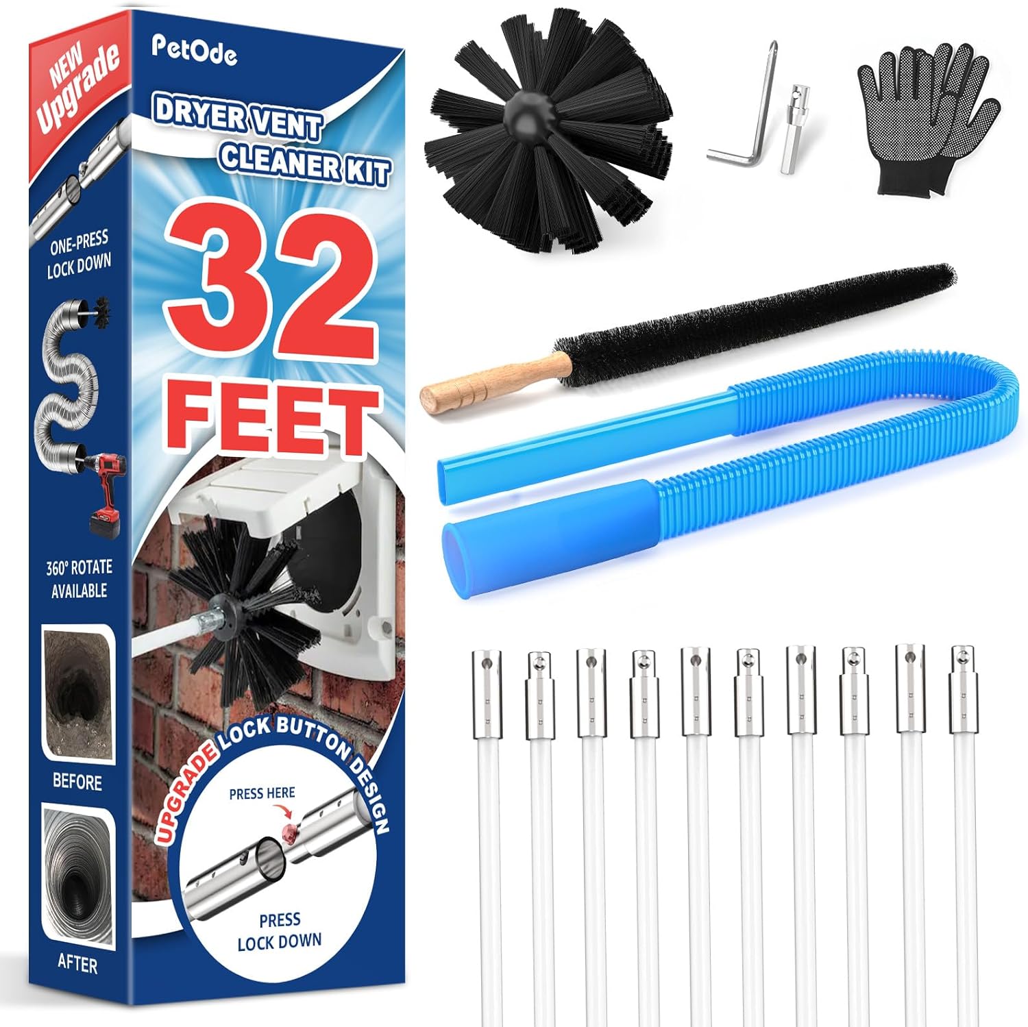 PetOde Dryer Vent Cleaner Kit - Universal Vacuum Hose Attachment & Lint Brush for Quick Cleaning