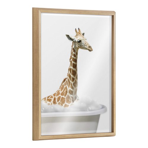 Kate and Laurel Blake Bathroom Bubble Bath Giraffe Framed Printed Glass Wall Art by The Creative Bunch Studio, 18x24 Natural, Baby Animal Art for Wall