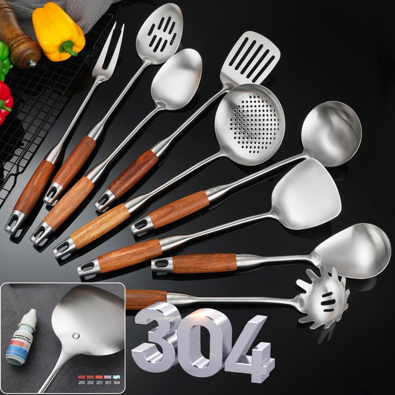 NIITAWH Stainless Steel Kitchen Utensils Set with Wooden Handle for Cooking 9 PCS with Solid and Slotted Spoon, Fork, Spatula, Ladle, Skimmer, Slotted Tunner, Spaghetti and Large Spoon