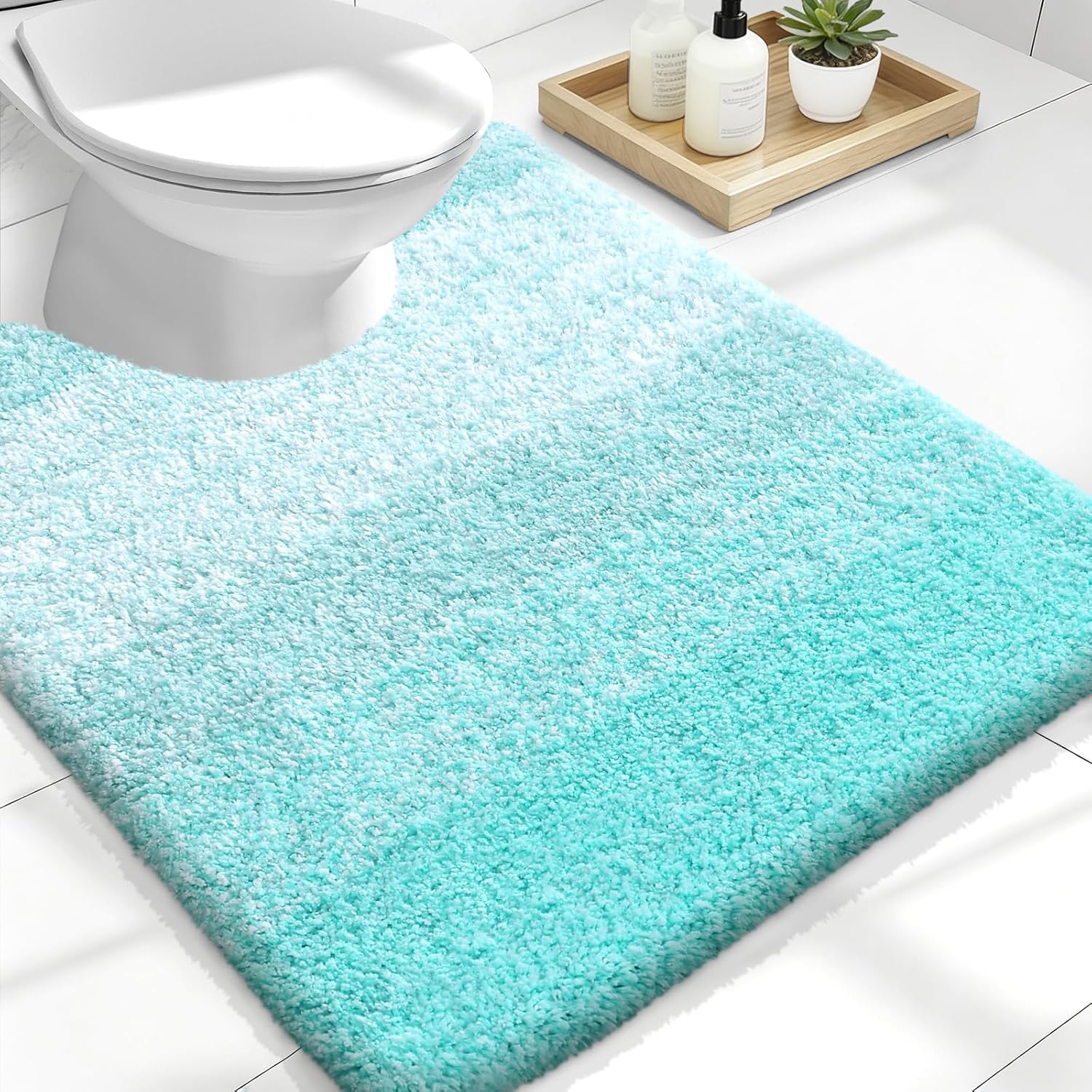 OLANLY Luxury U-Shaped Toilet Rugs - Extra Soft Microfiber Bath Mat, Non-Slip, 24x20, Teal
