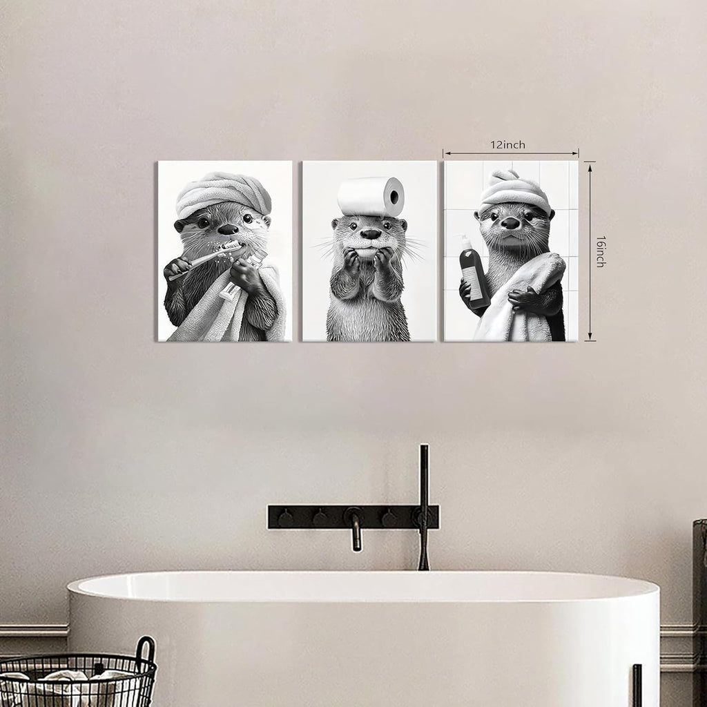 Otter Canvas Wall Art Set by Cute Bathroom | Funny Black and White Prints for Farmhouse Decor | 12x16 Inch