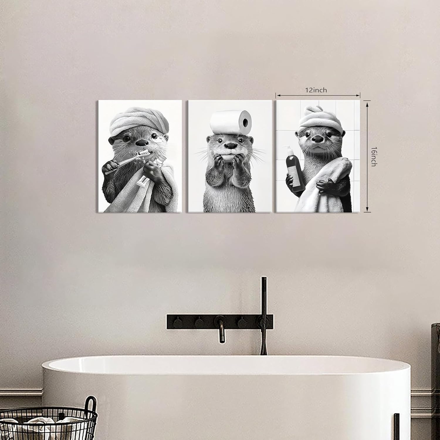 Otter Canvas Wall Art Set by Cute Bathroom | Funny Black and White Prints for Farmhouse Decor | 12x16 Inch