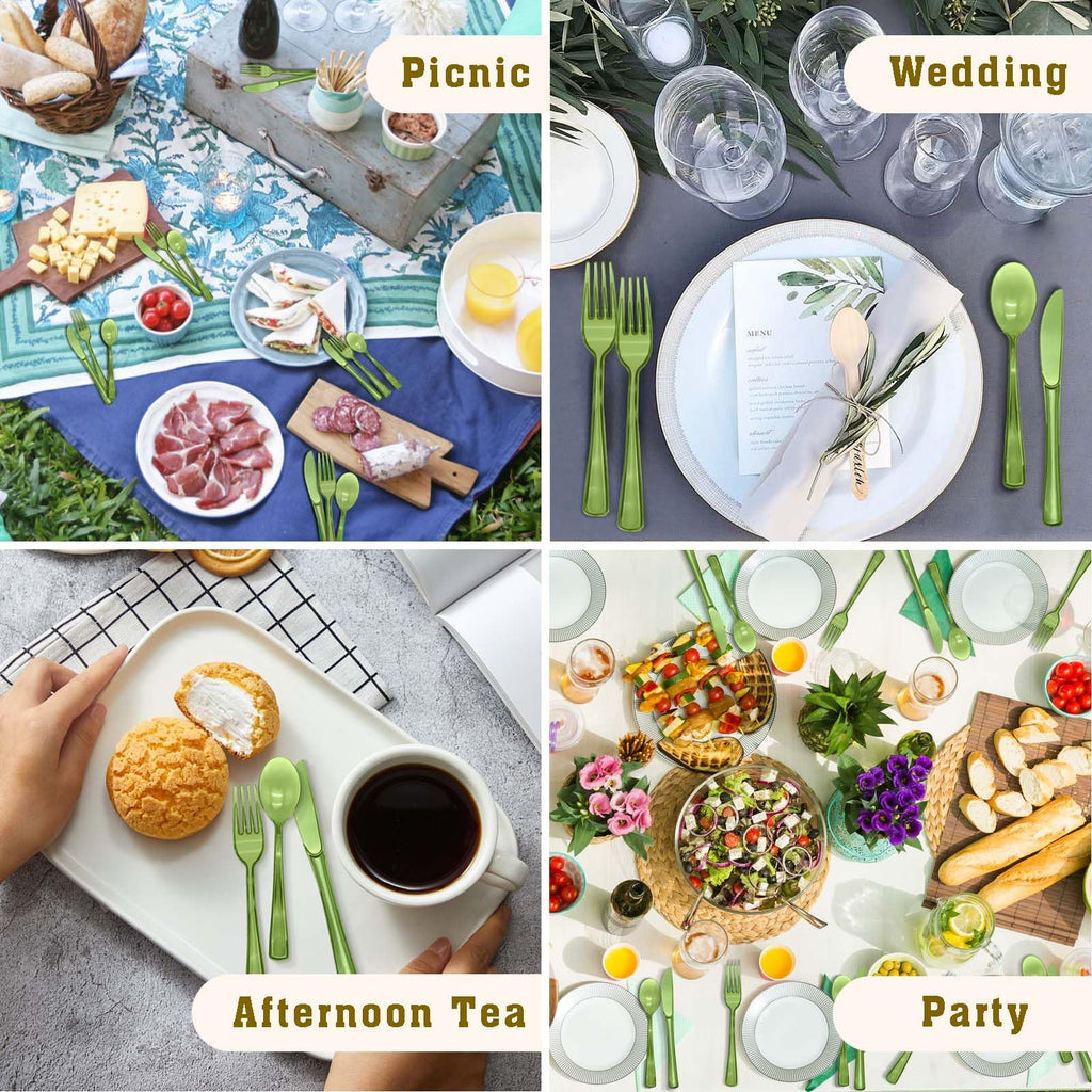 150 Pcs Sage Green Plastic Silverware, Disposable Plastic Utensils Heavy Duty, Green Silverware Sets Includes 50 Forks 50 Knives 50 Spoons for Birthday, Baby Shower, Picnic