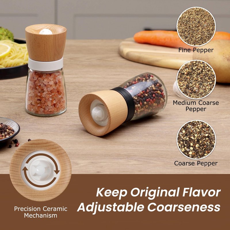 VEVOK CHEF Wooden Salt and Pepper Grinder Adjustable Coarseness Ceramic Wood Pepper Grinder Black Pepper Sea Salt Mill Grinder for Kitchen Seasoning Salt and Pepper Shaker Set Chef Gift