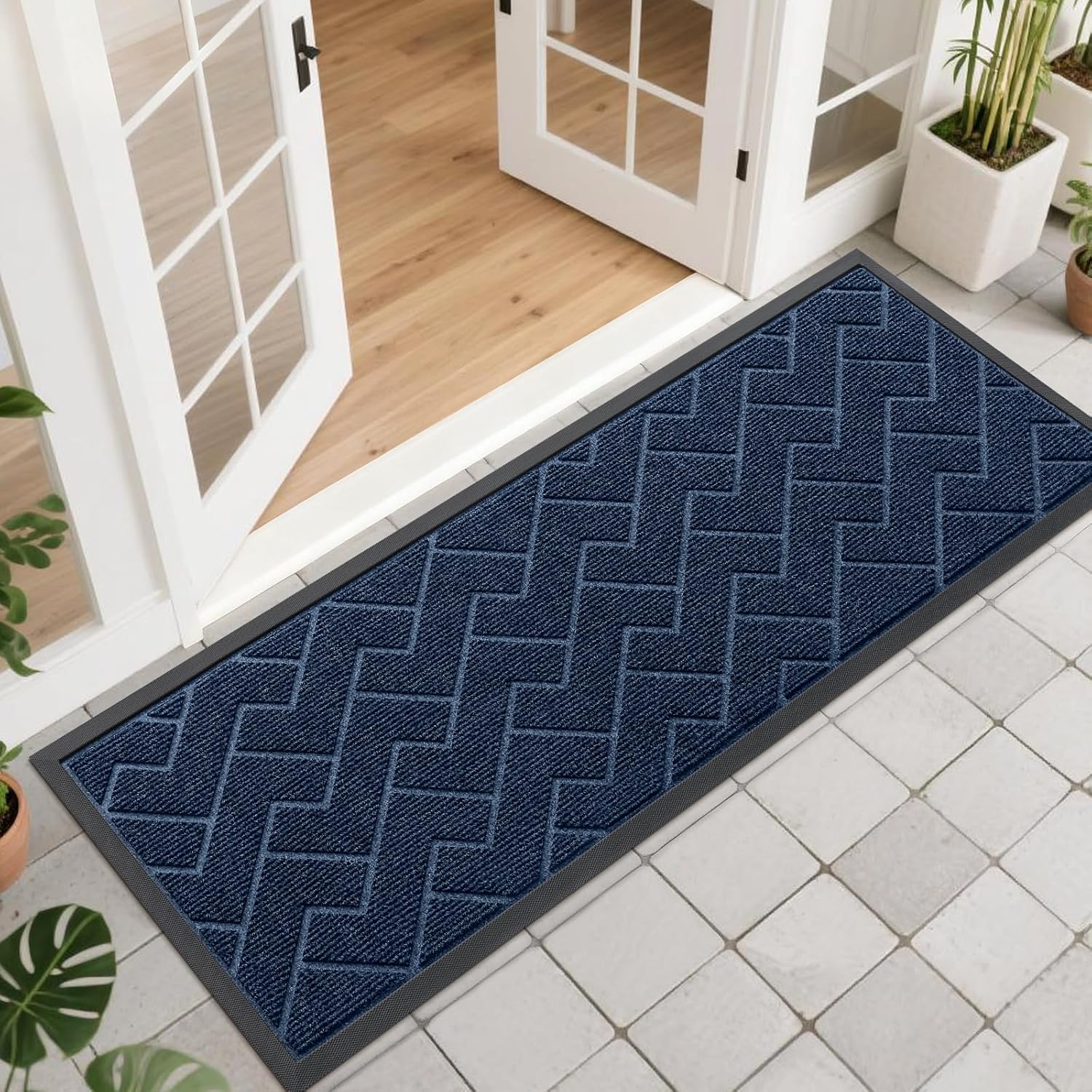 OLANLY Waterproof All-Season Front Door Mat - Sturdy Natural Rubber, Low Profile, Herringbone Brick (Blue, 47x17)