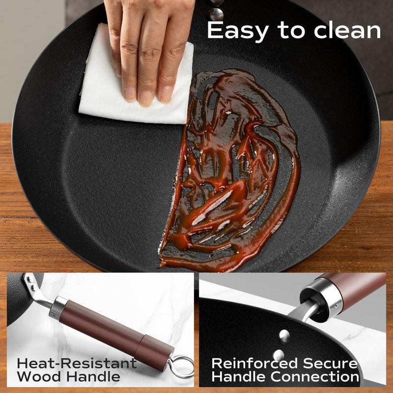 Armorbear Carbon Steel Frying Pan, Pre-Seasoned 11-Inch Cooking Skillet Wooden Handle, PFAS & PFOA-Free, Nitrided Black Fry Pan for Kitchen, Camping, Chef Use
