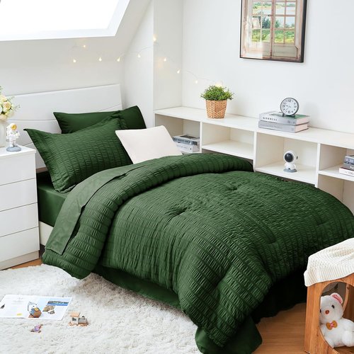 HYMOKEGE Twin XL Comforter Set - Dark Green Seersucker 5-Piece Luxury Bedding Set for All Seasons
