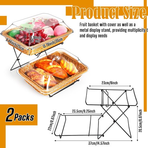 Ziliny 2 Pack Wicker Bread Basket for Serving, Imitation Rattan Bread Basket with Acrylic Lid and Metal Display Stand Rectangle Woven Fruit Basket with Cover for Food Display Tabletop 13.78 x 9.84''