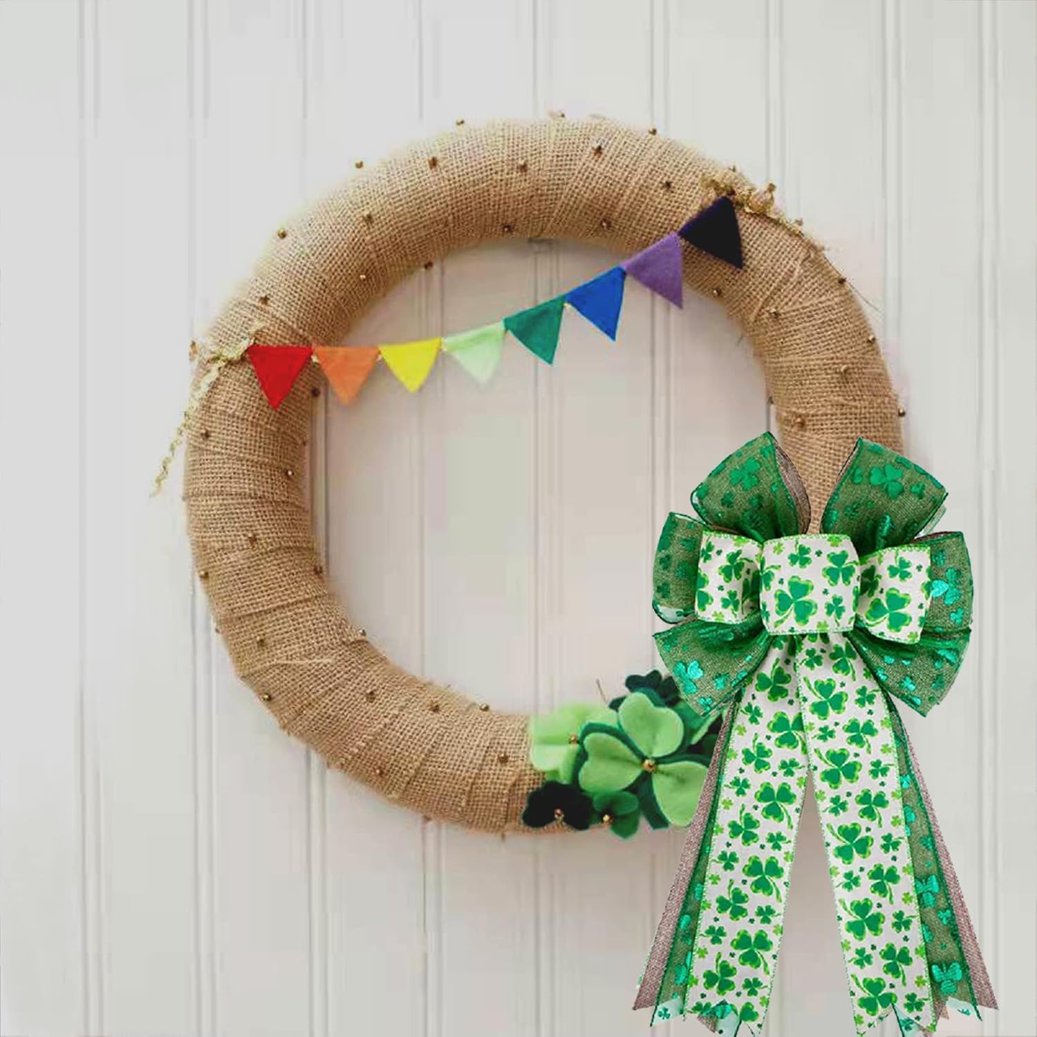 Skiennix St. Patrick's Day Bow - Large Burlap Green Glitter Shamrock Wreath Decoration | Irish Holiday Decor