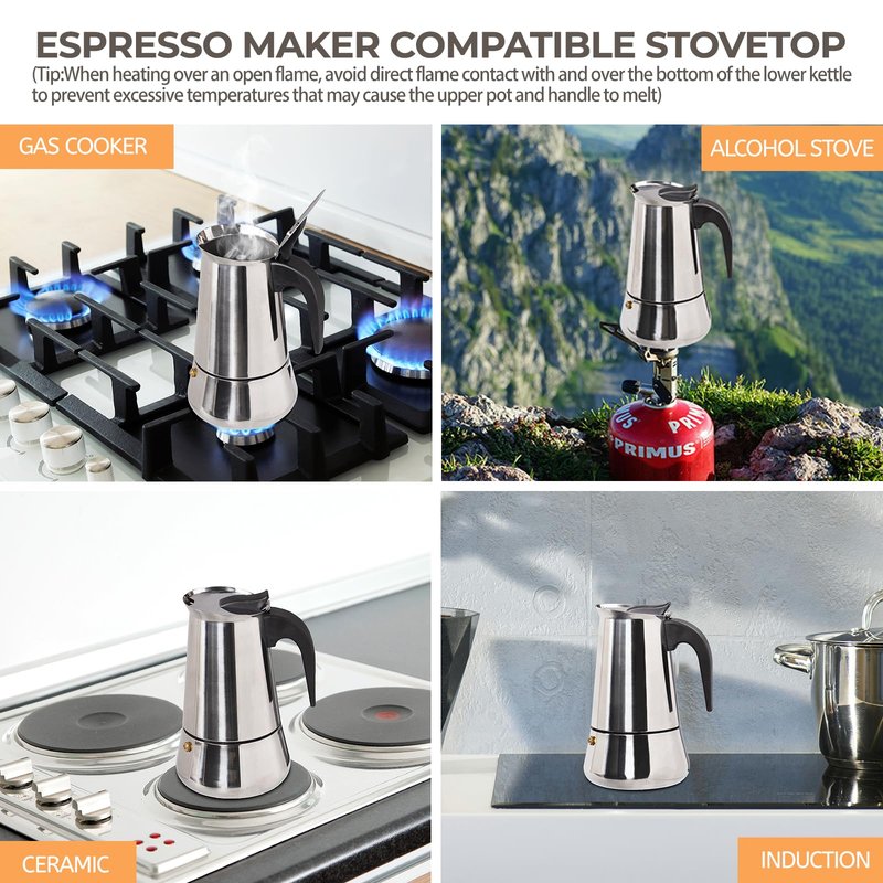 Mogrecha 6 Cup 300ml Moka Pot Stainless Steel Espresso Coffee Maker Stovetop Coffeemaker Italian Classic Style Brewing Greca Cafe Mocha Machine for Cafeteras Lover Camping Travel and Home Use 10oz