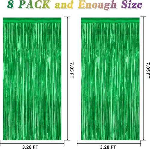 Green Streamer - 8 Pack Metallic Tinsel Fringe Curtains | 3.28 FT x 7.05 FT Dinosaur Backdrop for Jungle Party Decor
