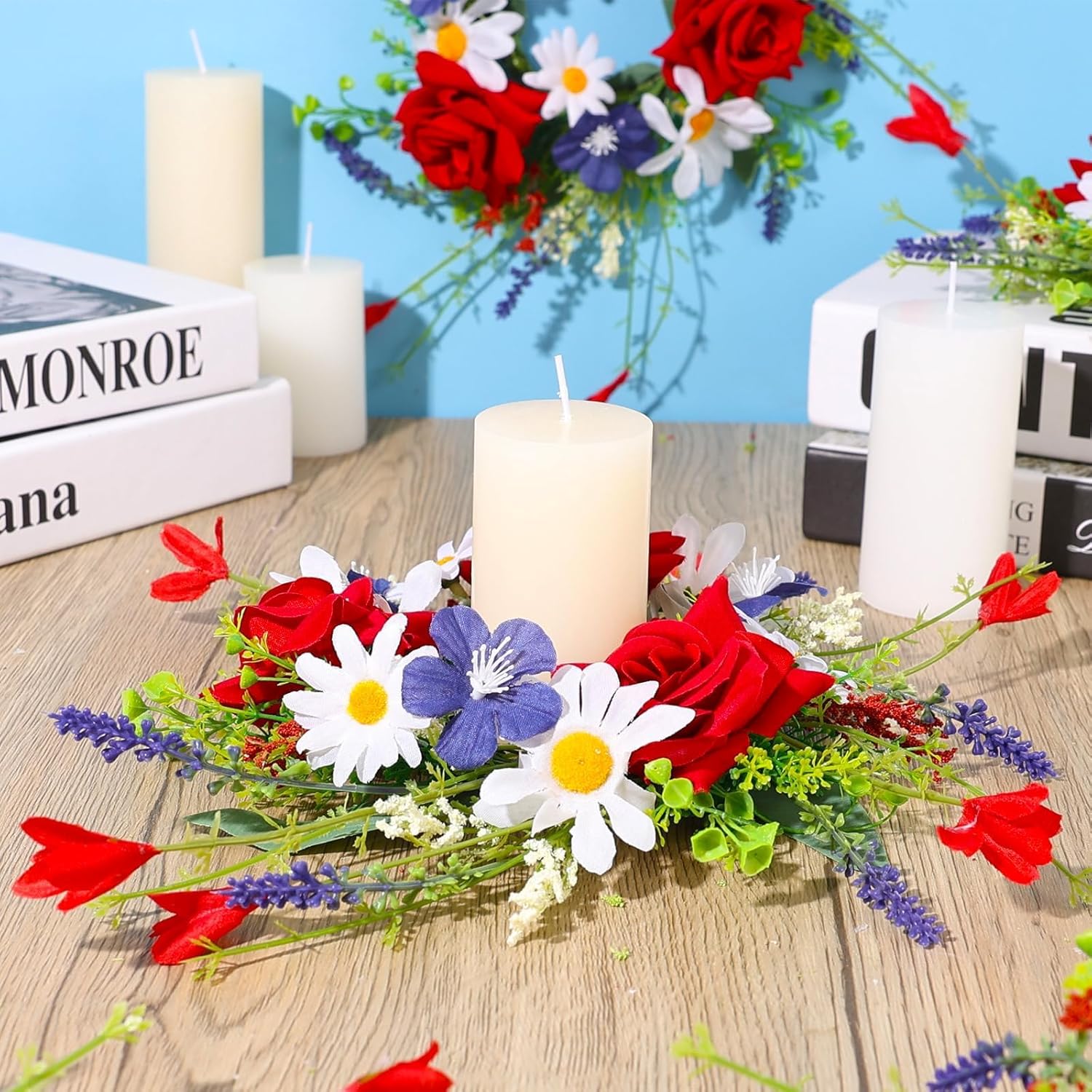Veterans Day Candle Rings - 4 Pcs Red, White & Blue Mini Floral Wreaths for Patriotic Decor | 3 Inch