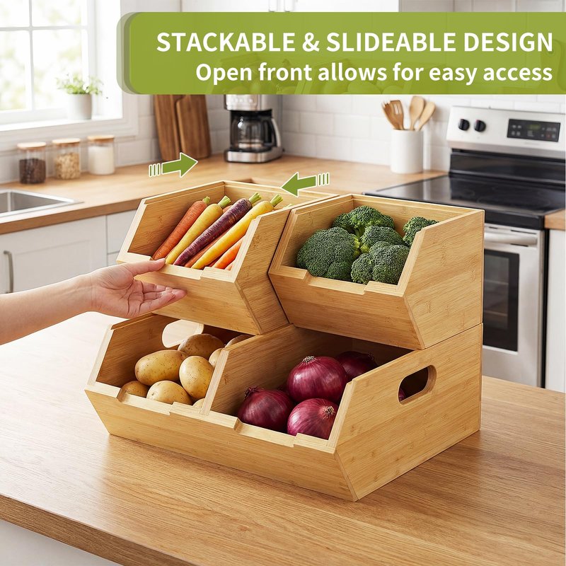 Bambition Bamboo Pantry Storage Bins for Vegetables, Potato and Onion Storage Bin for Pantry, Produce Bins for Kitchen Counter