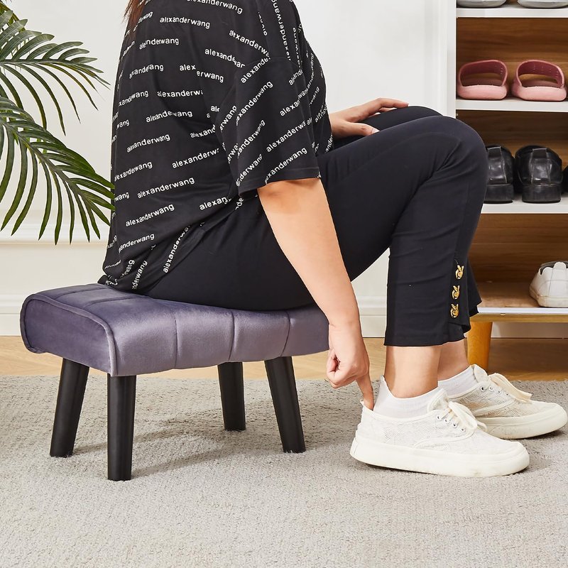 Wimarsbon Small Foot Stool Ottoman Modern Accent Step Stool Seat with Solid Wood Legs Velvet Soft Padded Pouf Ottomans Sofa Footrest Stools 16 inch for Couch Living Room Entryway 2 PCS Grey