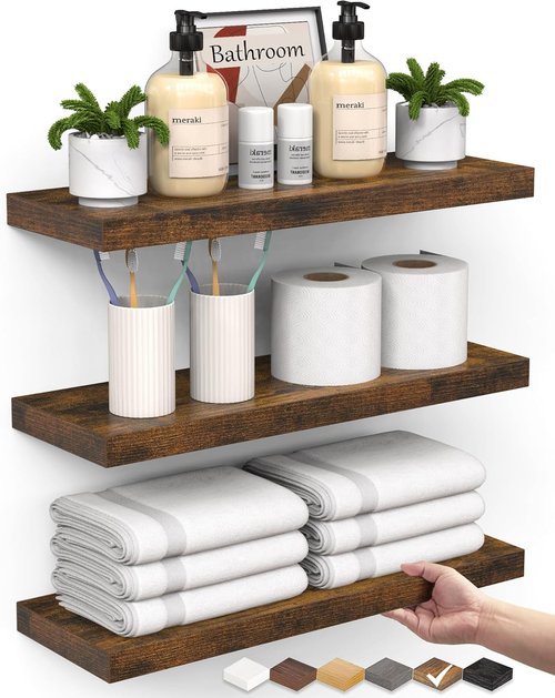 BAYKA Floating Shelves - Rustic Wood Bathroom Wall Shelf for Farmhouse Decor | Set of 3, Rustic Brown