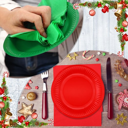 Layhit Christmas Plates and Napkins Red Green Christmas Party Supplies Set Disposable Paper Dessert Plates and Napkins for Party(400 Pcs)