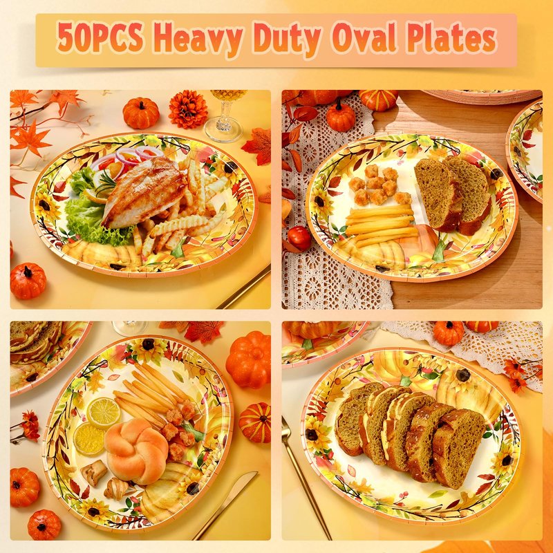 Homlouue 12x10 Oval Fall Paper Plates, 50PCS Fall Leaves Pumpkins Plate, Heavy Duty Thanksgiving Plates, Large Thanksgiving Paper Plate Disposable for Autumn Theme Party Decoration Serve 50 Guests