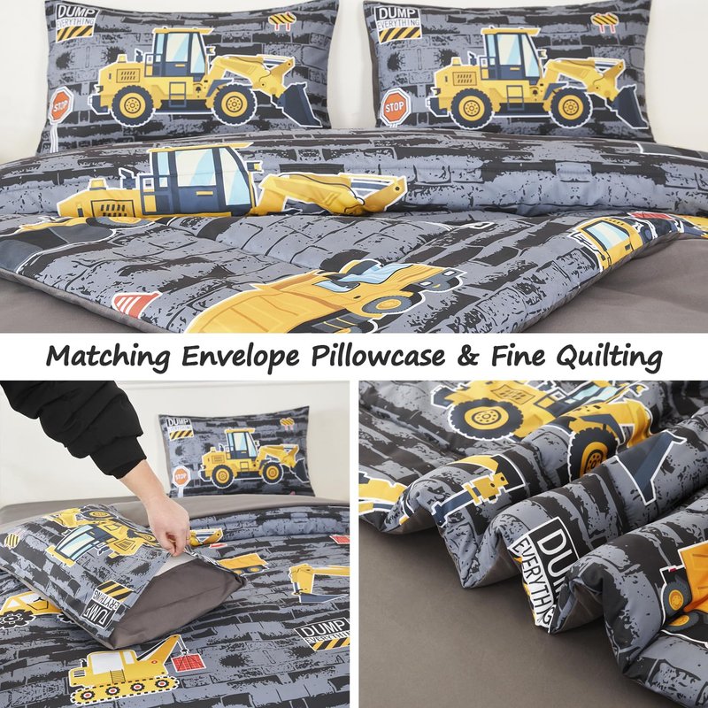 ZSYAYAHA 5 Pieces Kids Comforter Sets for Boys Queen Size Cartoon Cars Bedding Set Excavator Tractor Truck Vehicle Bed in A Bag Reversible Truck Boys Bed Set with Comforter(Gray Cars, Queen)
