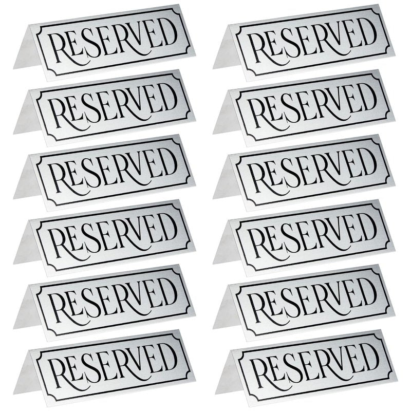 Juvale Reserved Table Signs - 12-Pack 5 x 2 x 1 in Etched Silver Metal - Reserved Seating Signs for Weddings, Restaurants & Parties