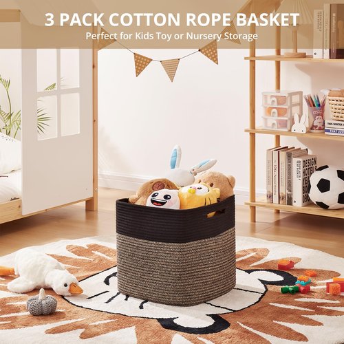 OIAHOMY 13 Kallax Inch Cube Storage Bins, 3-Pack Cotton Rope Woven Baskets for Organizing, Kallax Insert Storage Baskets for Shelves, Baby Nursery, Closet Organizer, 13*13*12.6IN, Black & Mixed Brown