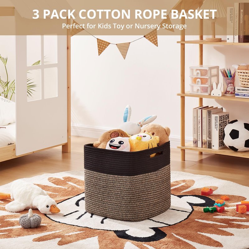 OIAHOMY 13 Inch Cube Storage Bins, 3-Pack Cotton Rope Woven Baskets for Organizing, Insert Storage Baskets for Shelves, Baby Nursery, Closet Organizer, 13 * 13 * 12.6IN, Black & Mixed Brown