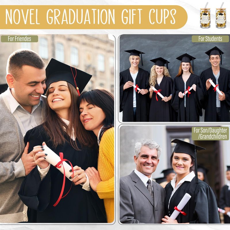 FoldTier 24 Pcs Graduation Gifts Glass Cup Class of 2026 Bulk 16 oz Drinking Cup with Lid and Straw College Her Him Graduate Gift Coffee Cup for Teen High School Grad Party Favor (Gold)