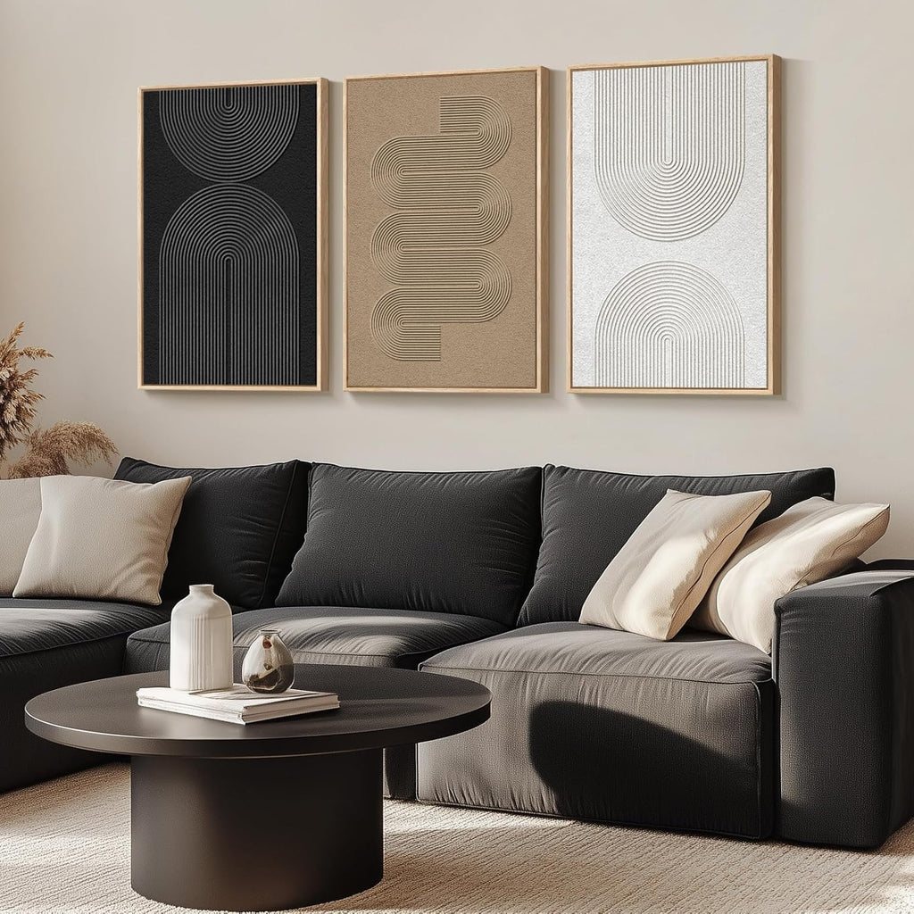 Skiennix Large Framed Boho Modern Abstract Wall Art - 3 Piece Black & White Canvas Set | 24x36 In for Living Room Decor