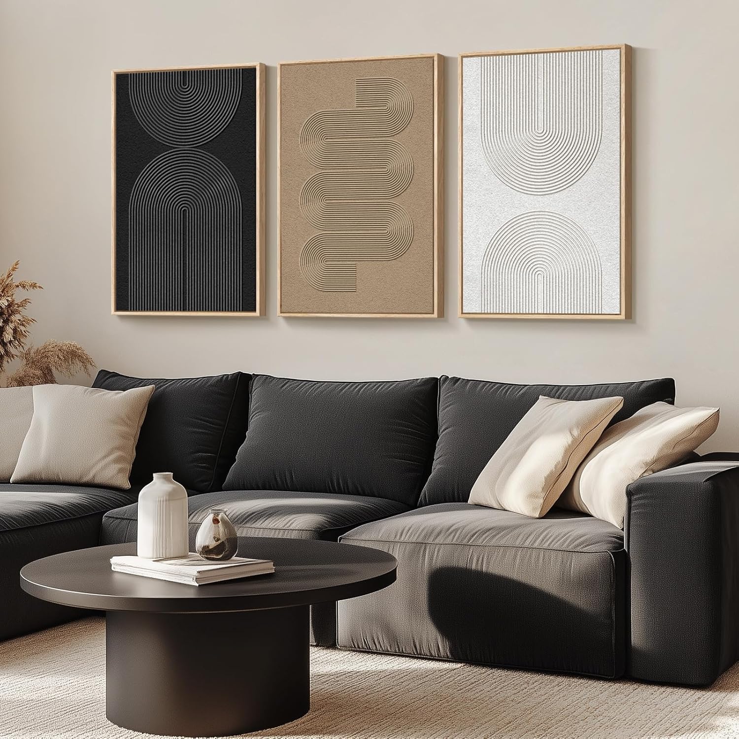 Skiennix Large Framed Boho Modern Abstract Wall Art - 3 Piece Black & White Canvas Set | 24x36 In for Living Room Decor