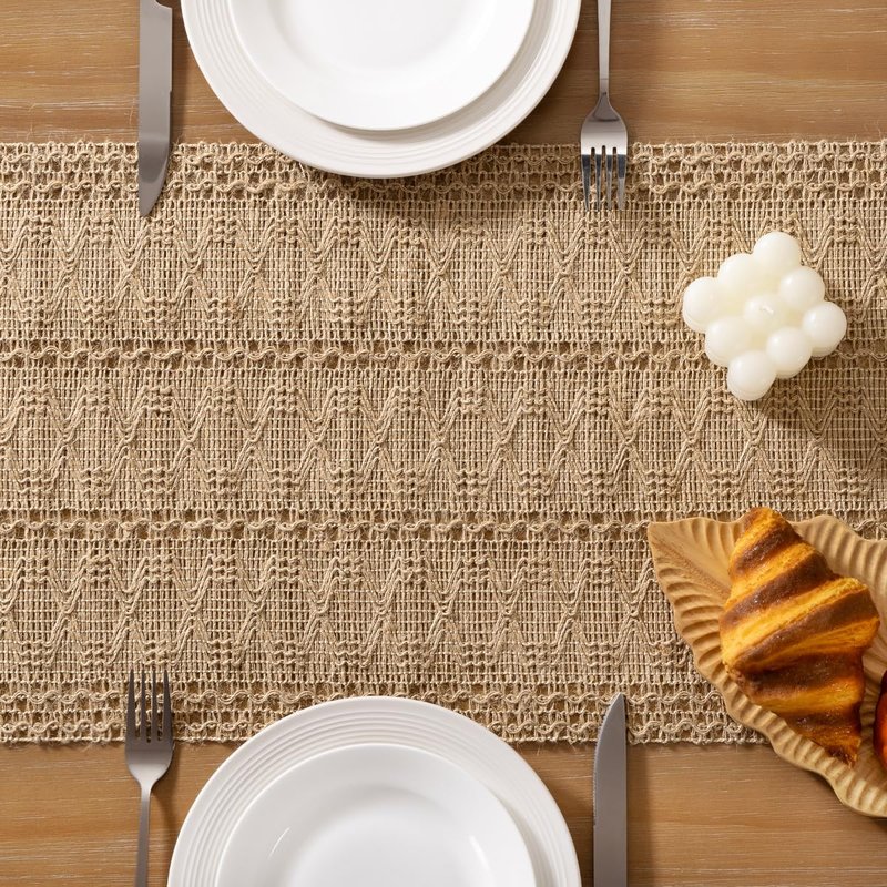 Socomi Boho Table Runner Summer Farmhouse Burlap Jute Bamboo Rustic Dining Kitchen Centerpiece Decor Long Macrame Woven Coffee Table Runner for Dresser Scarf Home Decor 12x108 inch