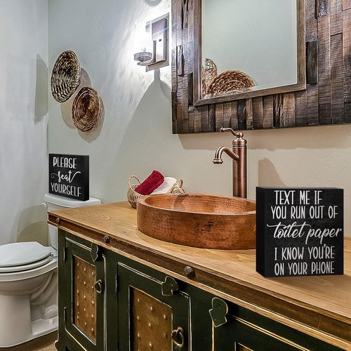 Jetec Farmhouse Bathroom Signs Decor - Funny Rustic Wooden Plaque Wall Art | Please Seat Yourself, Black